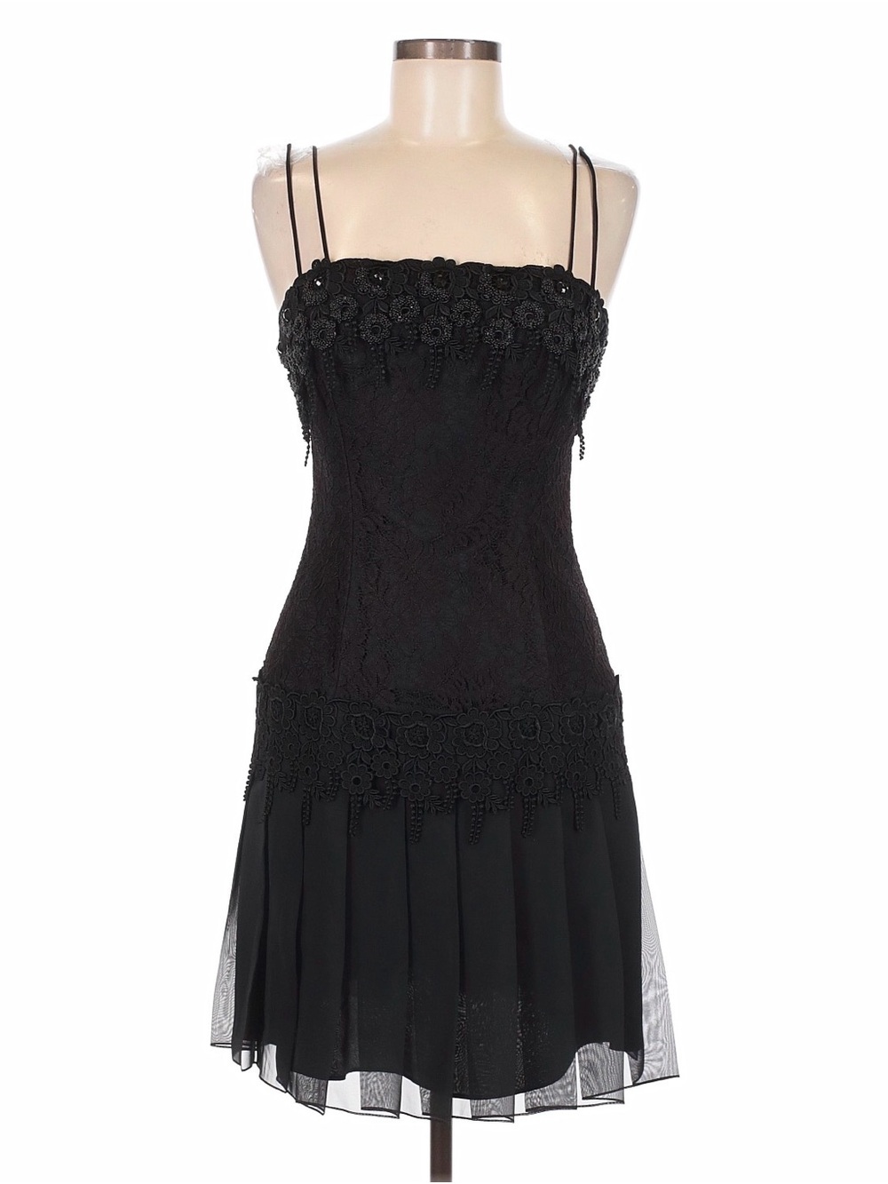 Black Beaded and Lace Drop Waist Dress